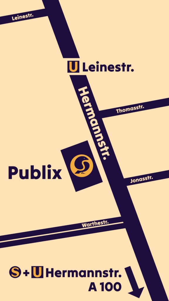 Lageplan zum Veranstaltungsort Publix, auf der westlichen Seite der Hermannstraße zwischen Thomas- und Jonasstr., ein kleines Stück südlich des U-Bahnhofs Leinstraße